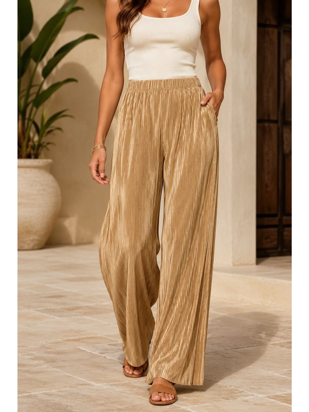 Like An Angel Gold Plisse Wide Leg Pants Medium